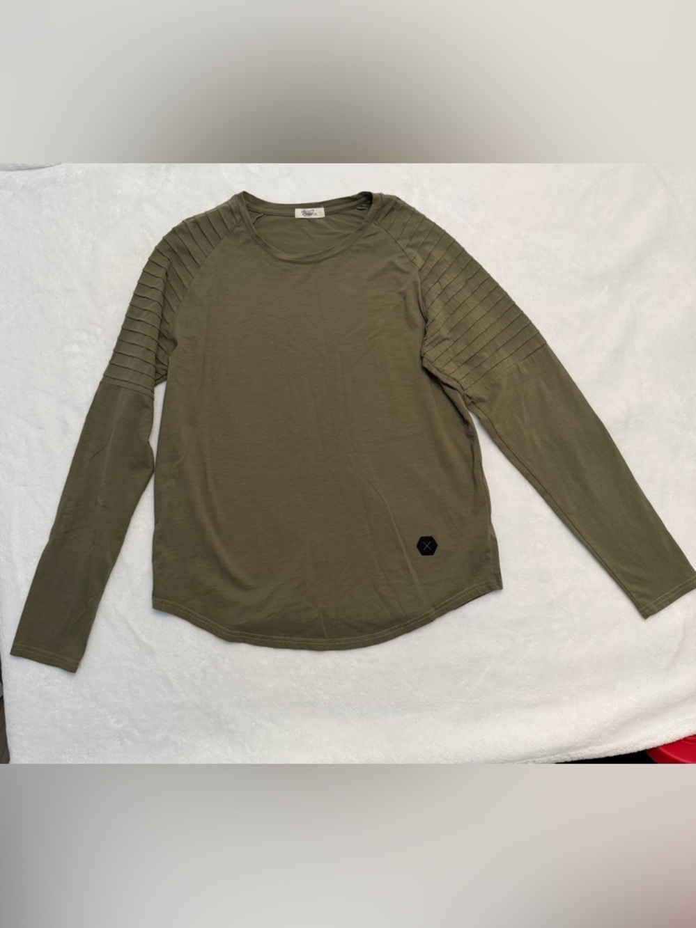 Reverse Olive Long-Sleeve Crewneck Shirt with Ribbed Shoulder Detail